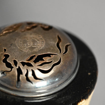 Kenzan Style Black Raku Koro Censer with Silver Lid ー乾山楽焼 香炉