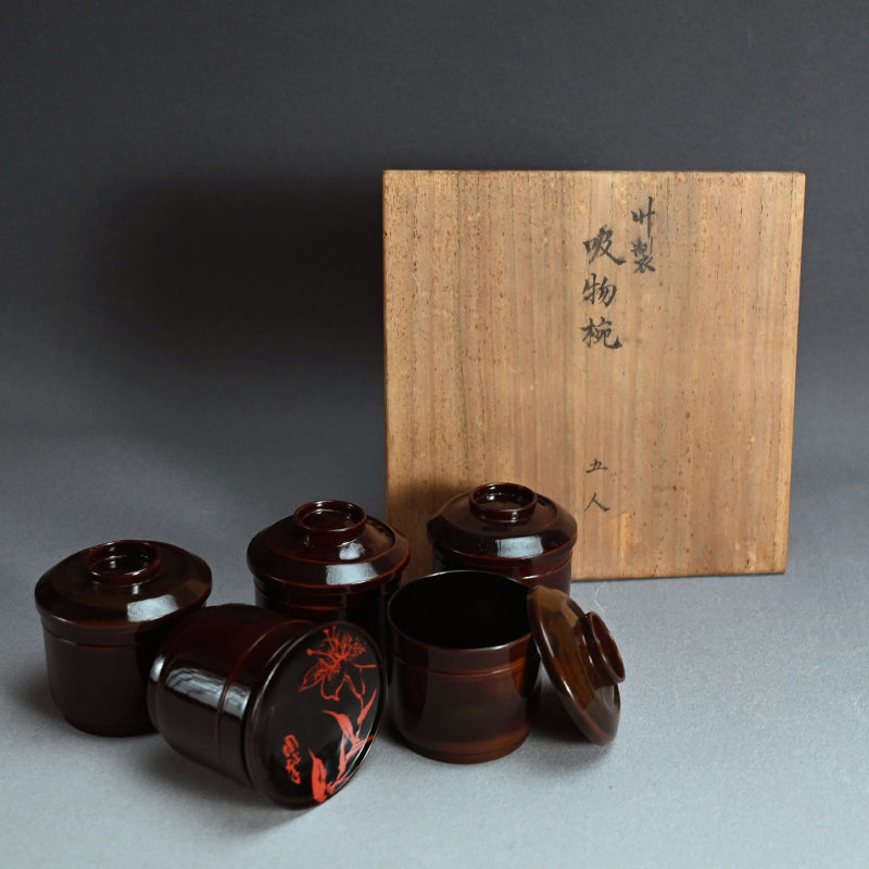 Set 5 lacquered Kaiseki Soup Bowls by Imperial Artist ー伊藤 陶山, 青木 俊勝 "吸物椀"
