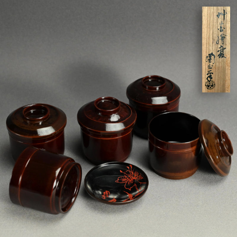 Set 5 lacquered Kaiseki Soup Bowls by Imperial Artist ー伊藤 陶山, 青木 俊勝 "吸物椀"