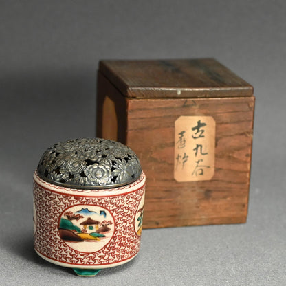 Antique Japanese Porcelain Kutani Censer with Silver Lid ー古九谷筒形香炉