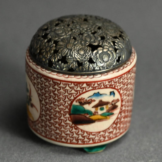 Antique Japanese Porcelain Kutani Censer with Silver Lid ー古九谷筒形香炉