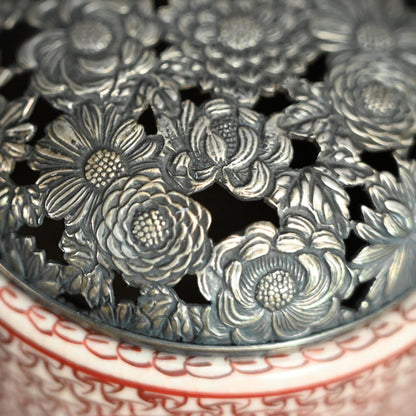 Antique Japanese Porcelain Kutani Censer with Silver Lid ー古九谷筒形香炉