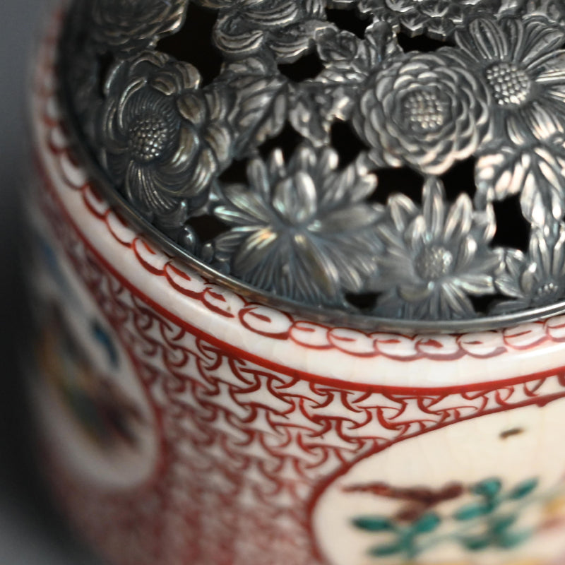 Antique Japanese Porcelain Kutani Censer with Silver Lid ー古九谷筒形香炉