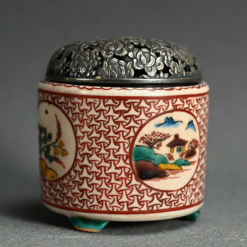 Antique Japanese Porcelain Kutani Censer with Silver Lid ー古九谷筒形香炉