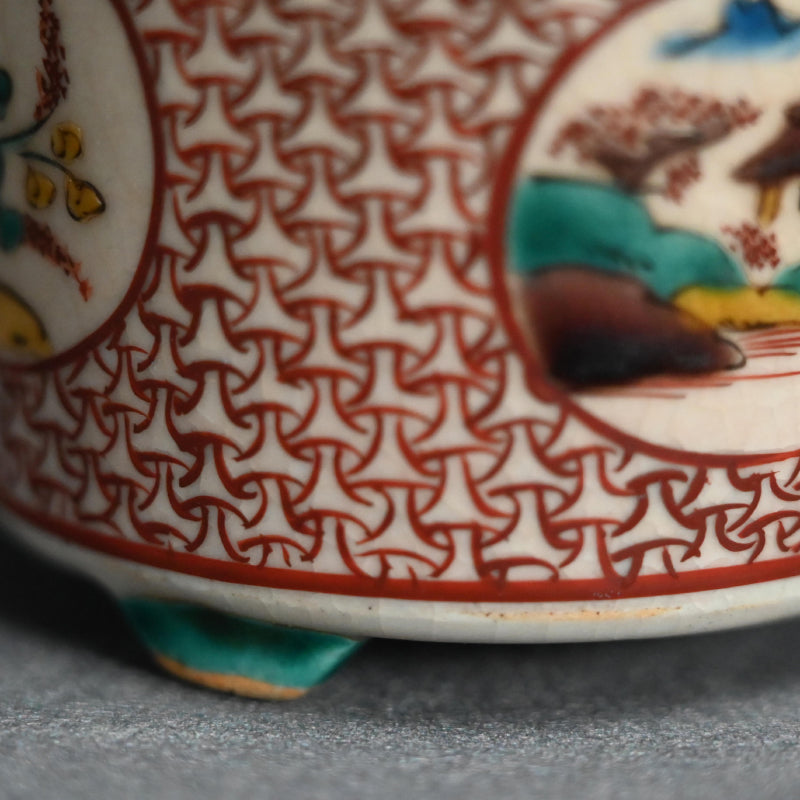 Antique Japanese Porcelain Kutani Censer with Silver Lid ー古九谷筒形香炉