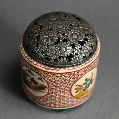 Antique Japanese Porcelain Kutani Censer with Silver Lid ー古九谷筒形香炉