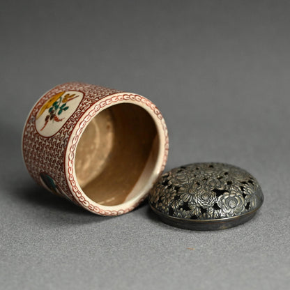 Antique Japanese Porcelain Kutani Censer with Silver Lid ー古九谷筒形香炉