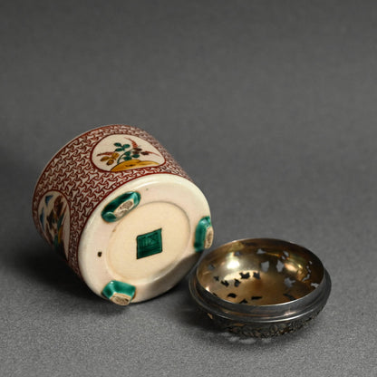 Antique Japanese Porcelain Kutani Censer with Silver Lid ー古九谷筒形香炉