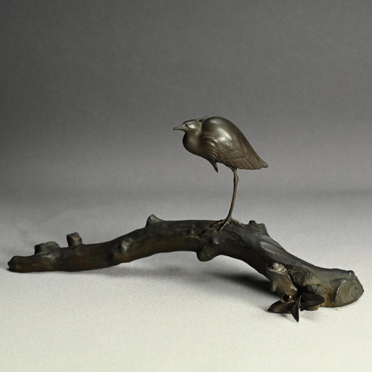 Exquisite Bronze Okimono of a Crested Ibis at Rest