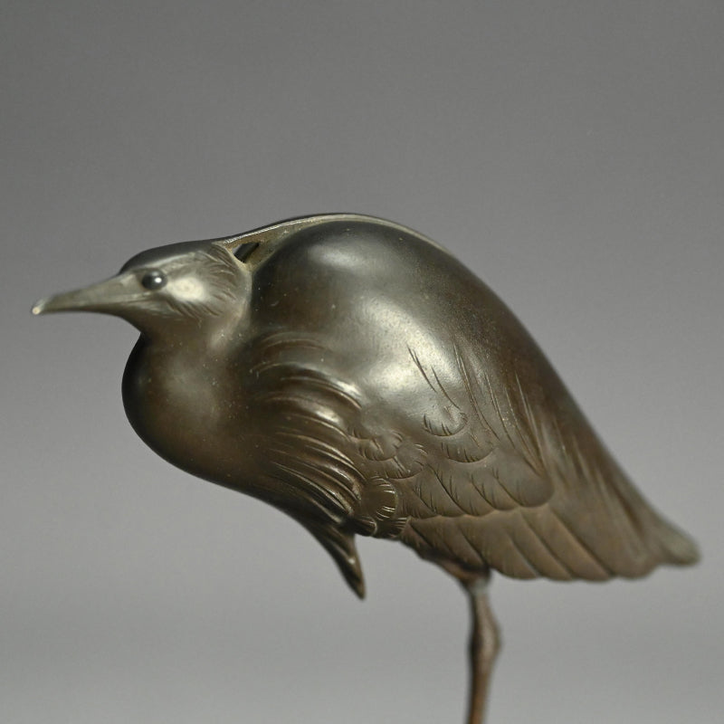 Exquisite Bronze Okimono of a Crested Ibis at Rest