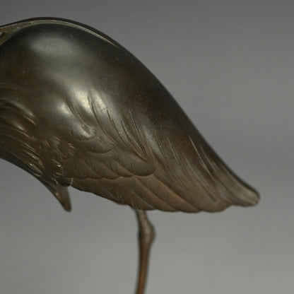 Exquisite Bronze Okimono of a Crested Ibis at Rest
