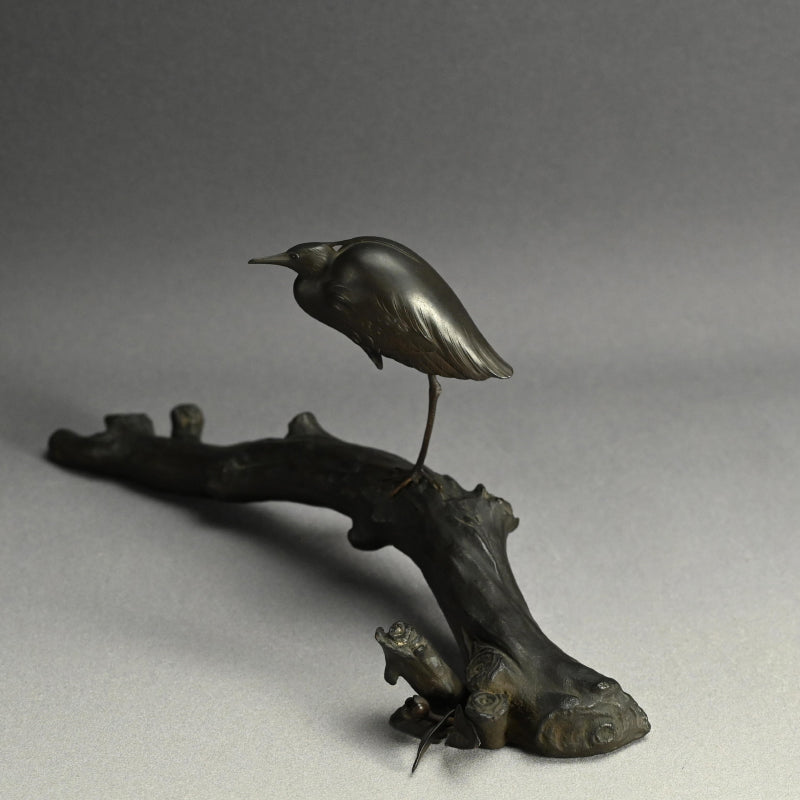 Exquisite Bronze Okimono of a Crested Ibis at Rest