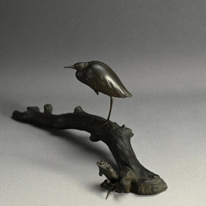 Exquisite Bronze Okimono of a Crested Ibis at Rest