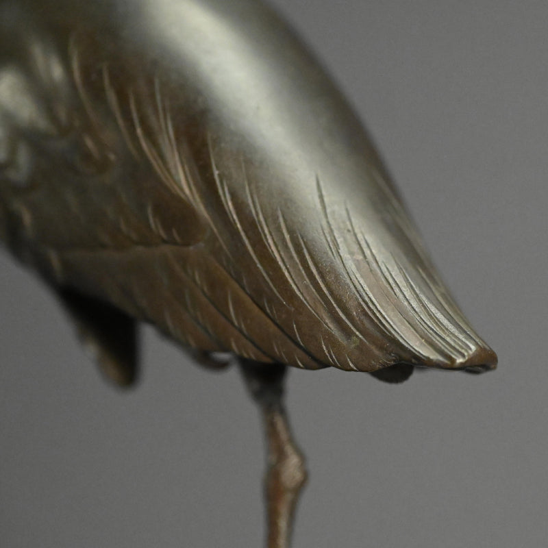 Exquisite Bronze Okimono of a Crested Ibis at Rest