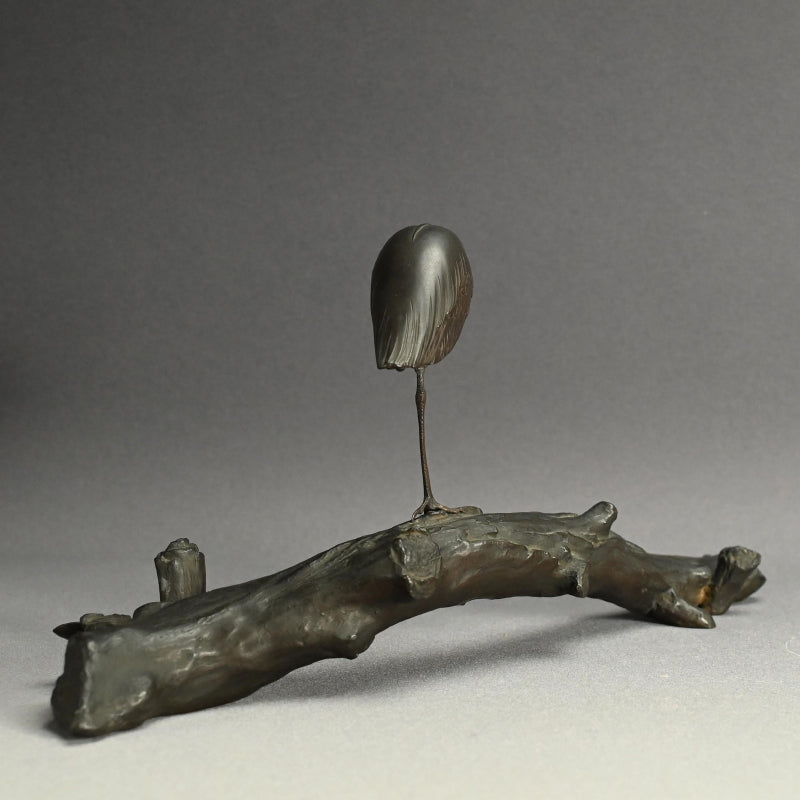Exquisite Bronze Okimono of a Crested Ibis at Rest