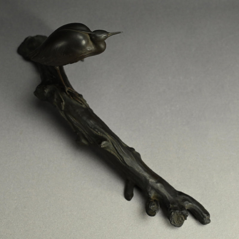 Exquisite Bronze Okimono of a Crested Ibis at Rest