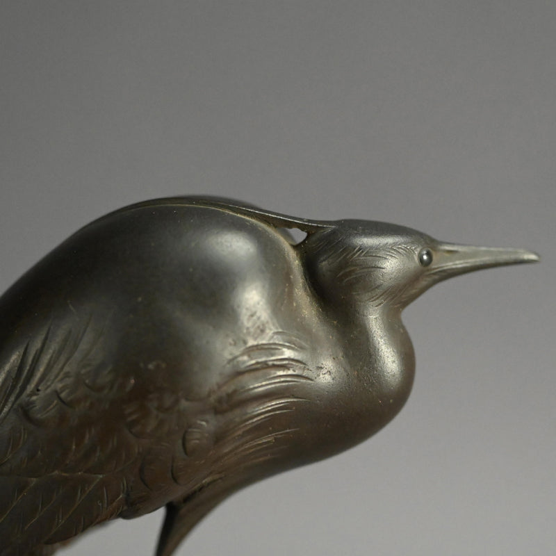 Exquisite Bronze Okimono of a Crested Ibis at Rest
