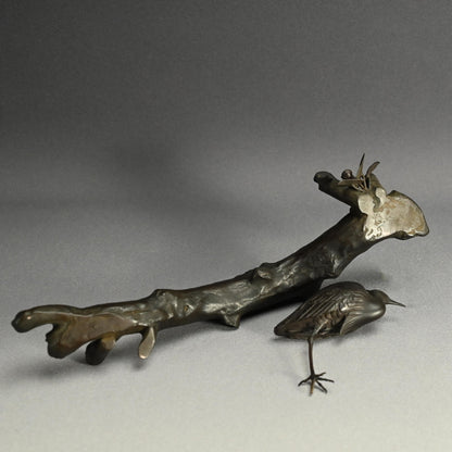 Exquisite Bronze Okimono of a Crested Ibis at Rest