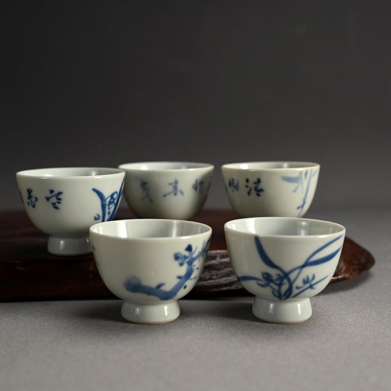 Set of 5 Sencha Tea Cups Decorated ー福田 古道人, 平安陶工 山崎 “花升茶盞”