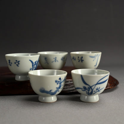 Set of 5 Sencha Tea Cups Decorated ー福田 古道人, 平安陶工 山崎 “花升茶盞”