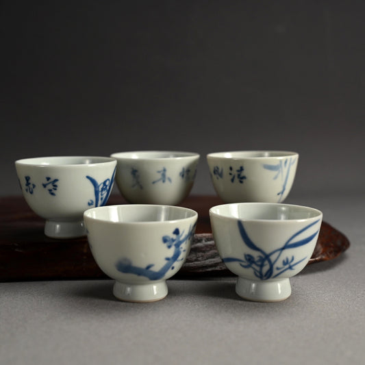 Set of 5 Sencha Tea Cups Decorated ー福田 古道人, 平安陶工 山崎 “花升茶盞”