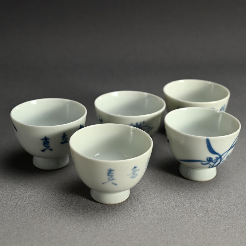 Set of 5 Sencha Tea Cups Decorated ー福田 古道人, 平安陶工 山崎 “花升茶盞”