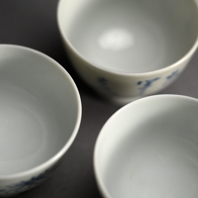 Set of 5 Sencha Tea Cups Decorated ー福田 古道人, 平安陶工 山崎 “花升茶盞”