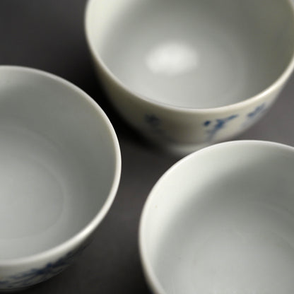 Set of 5 Sencha Tea Cups Decorated ー福田 古道人, 平安陶工 山崎 “花升茶盞”