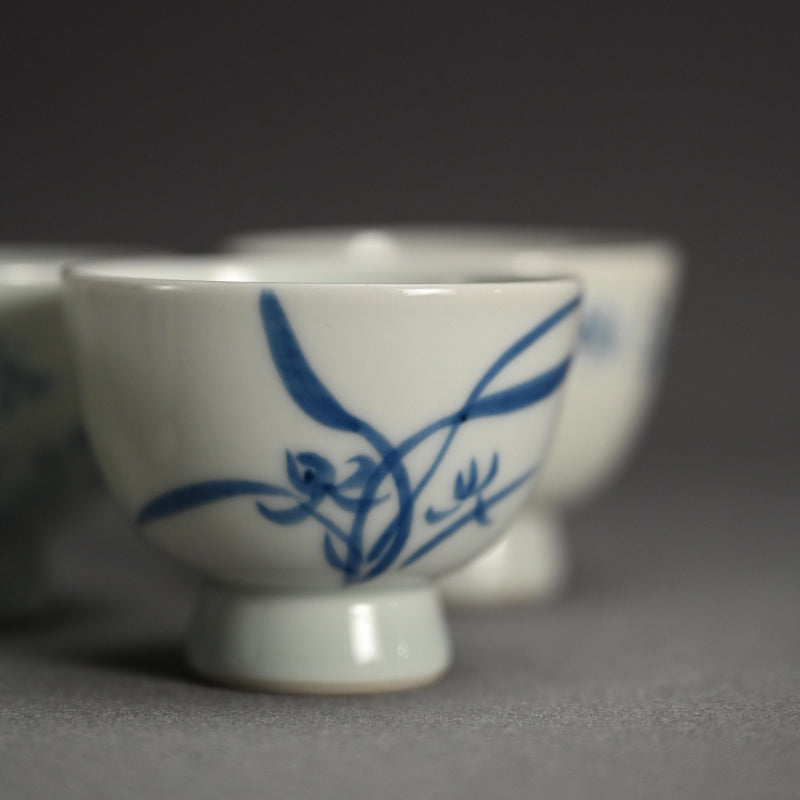Set of 5 Sencha Tea Cups Decorated ー福田 古道人, 平安陶工 山崎 “花升茶盞”