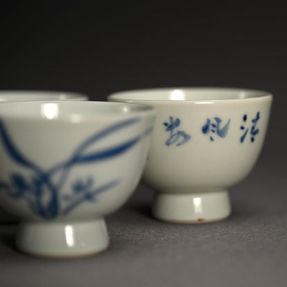Set of 5 Sencha Tea Cups Decorated ー福田 古道人, 平安陶工 山崎 “花升茶盞”