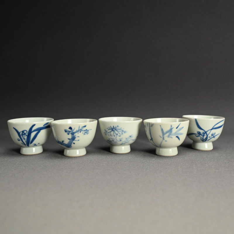 Set of 5 Sencha Tea Cups Decorated ー福田 古道人, 平安陶工 山崎 “花升茶盞”