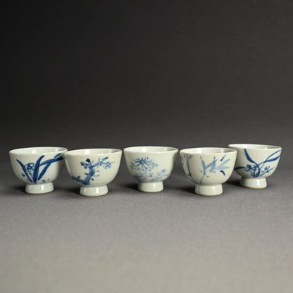 Set of 5 Sencha Tea Cups Decorated ー福田 古道人, 平安陶工 山崎 “花升茶盞”