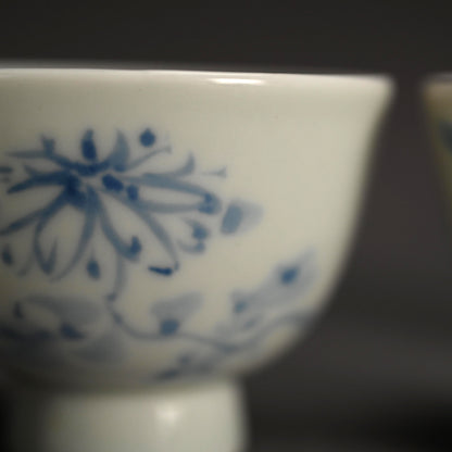 Set of 5 Sencha Tea Cups Decorated ー福田 古道人, 平安陶工 山崎 “花升茶盞”