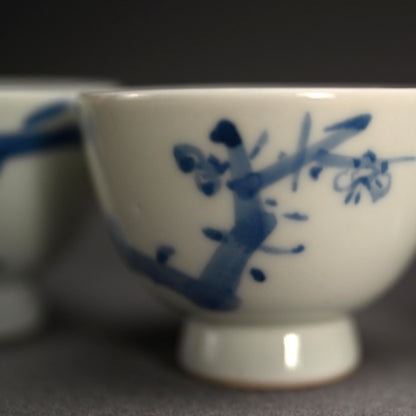 Set of 5 Sencha Tea Cups Decorated ー福田 古道人, 平安陶工 山崎 “花升茶盞”