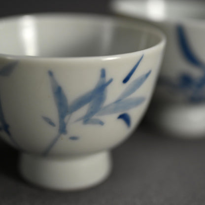 Set of 5 Sencha Tea Cups Decorated ー福田 古道人, 平安陶工 山崎 “花升茶盞”