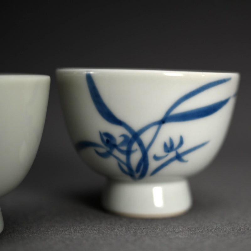 Set of 5 Sencha Tea Cups Decorated ー福田 古道人, 平安陶工 山崎 “花升茶盞”