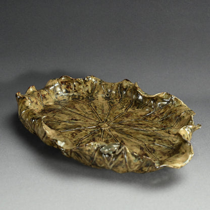 Lotus leaf Basin with Frog ー土楽庵 八田 蘇岳 “蓮葉形 水盤”