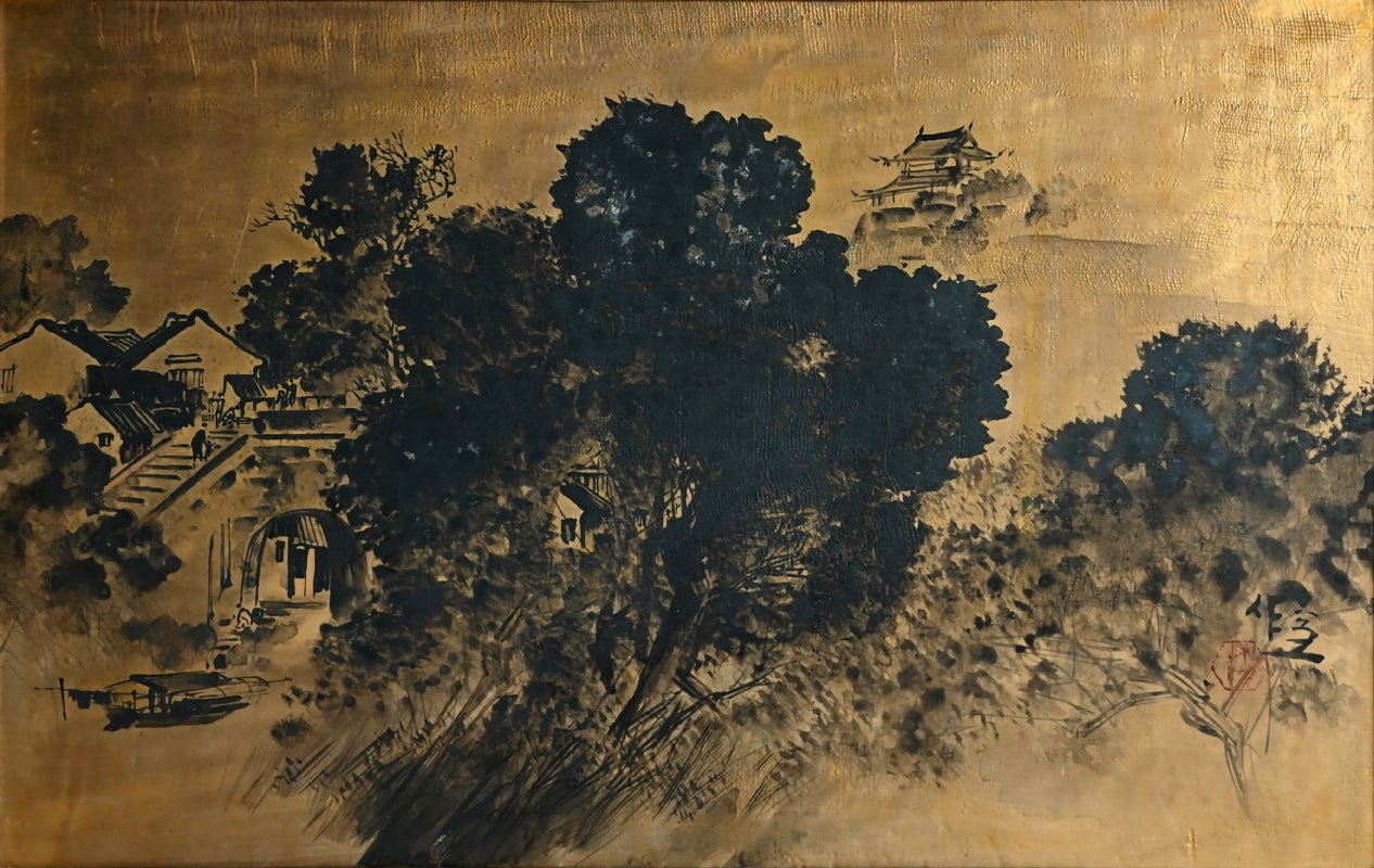 Rare! Framed Golden Tile ー五代 清水 六兵衛 "御本布目山水図 額"
