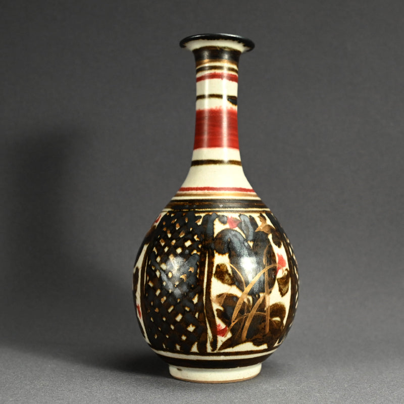 Mid-century Tsuru Kubi Vase ー清水 六兵衛 “鉄絵草花文鶴首花瓶”
