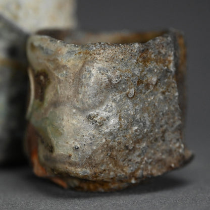 Ash Glazed Shinogi Iga Sake Set ー新 学 “伊賀 鎬徳利”、”伊賀 鎬五角ぐい呑”