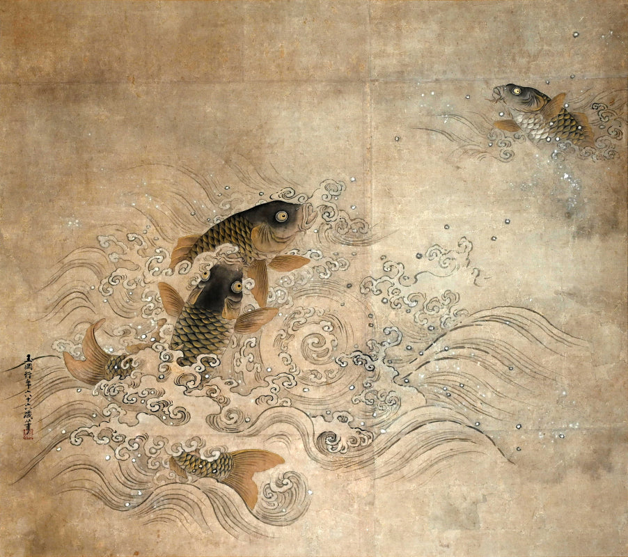 Massive Edo period Painting of Leaping Koi, Mori Gyokko