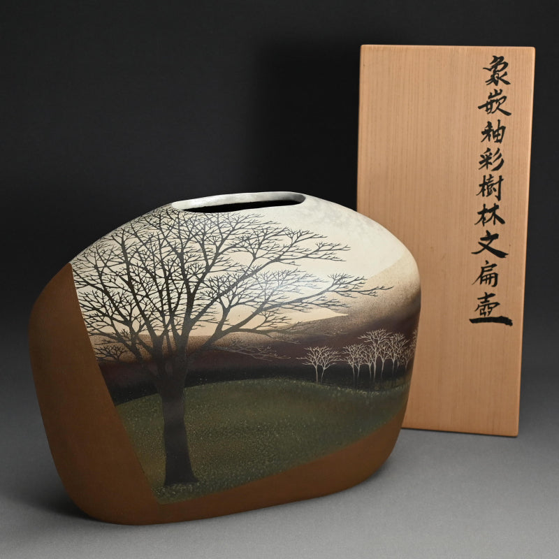 Important Exhibited Vase ー佐伯 守美 “象嵌釉彩樹林文扁壺”