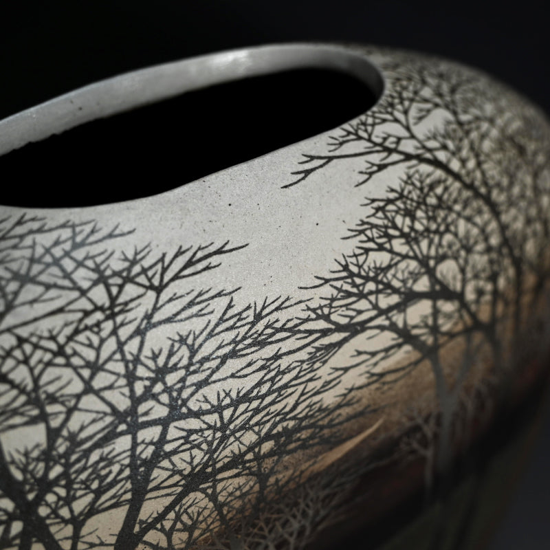 Important Exhibited Vase ー佐伯 守美 “象嵌釉彩樹林文扁壺”