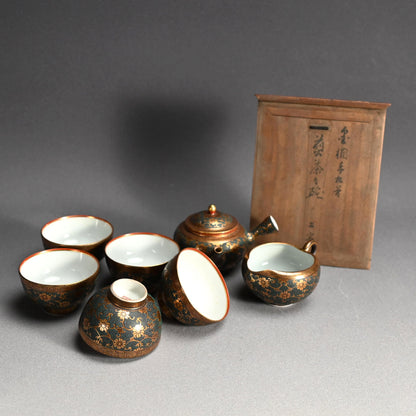 Antique Japanese Porcelain Kutani Sencha Tea Set, Koyama ー金蘭手九谷 煎茶々碗 五客