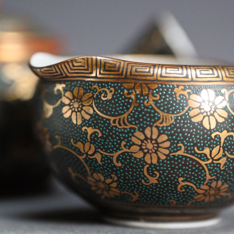 Antique Japanese Porcelain Kutani Sencha Tea Set, Koyama ー金蘭手九谷 煎茶々碗 五客