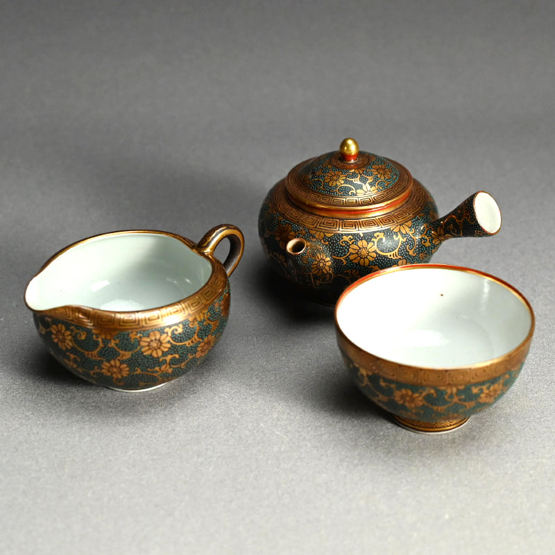 Antique Japanese Porcelain Kutani Sencha Tea Set, Koyama ー金蘭手九谷 煎茶々碗 五客