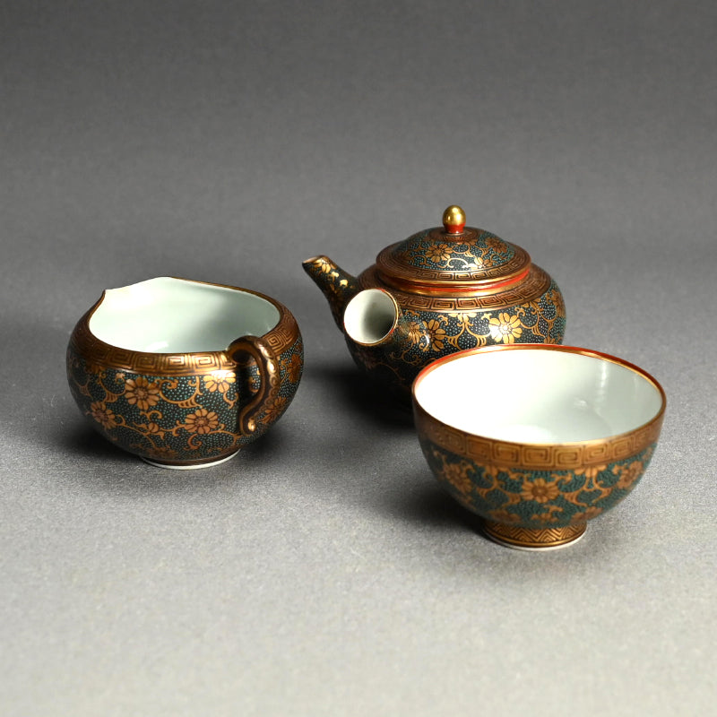 Antique Japanese Porcelain Kutani Sencha Tea Set, Koyama ー金蘭手九谷 煎茶々碗 五客