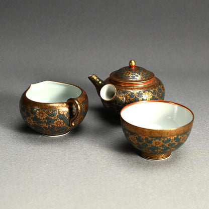Antique Japanese Porcelain Kutani Sencha Tea Set, Koyama ー金蘭手九谷 煎茶々碗 五客