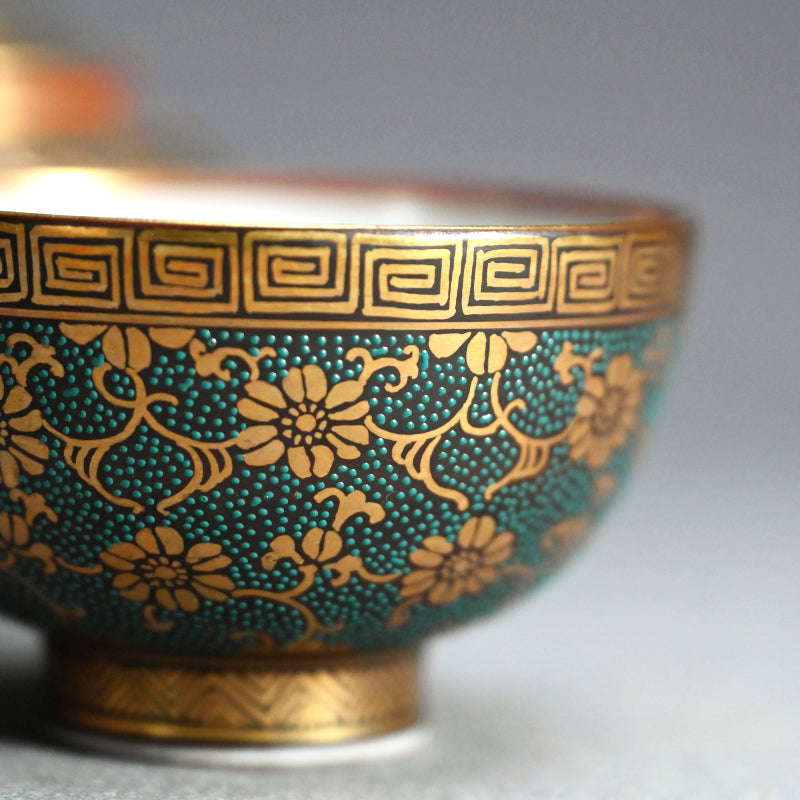 Antique Japanese Porcelain Kutani Sencha Tea Set, Koyama ー金蘭手九谷 煎茶々碗 五客