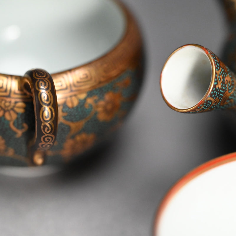 Antique Japanese Porcelain Kutani Sencha Tea Set, Koyama ー金蘭手九谷 煎茶々碗 五客